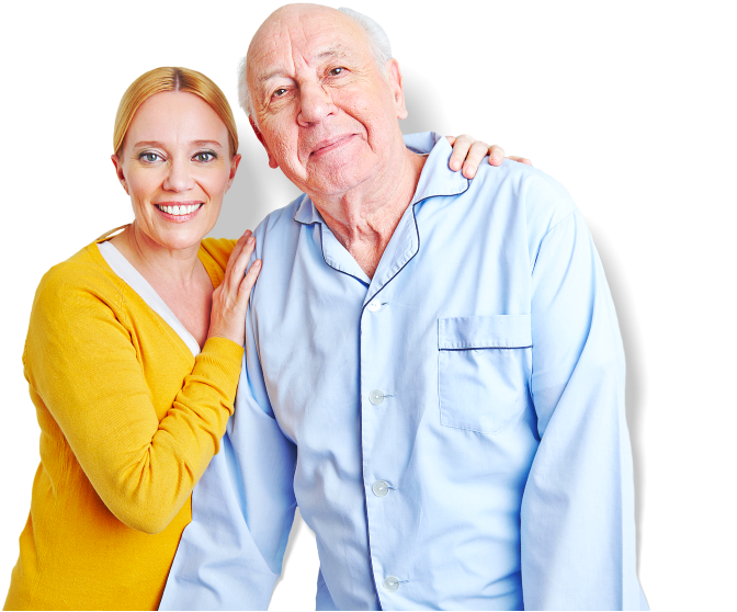 senior man and a caregiver smiling